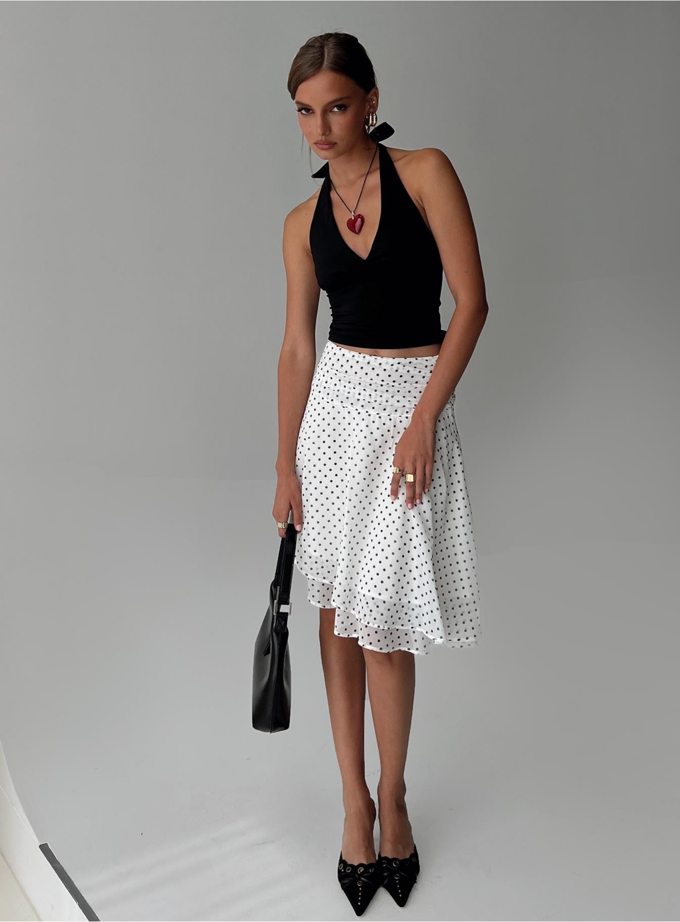 Evanescence Asymmetrical Midi Skirt White / Polka ...