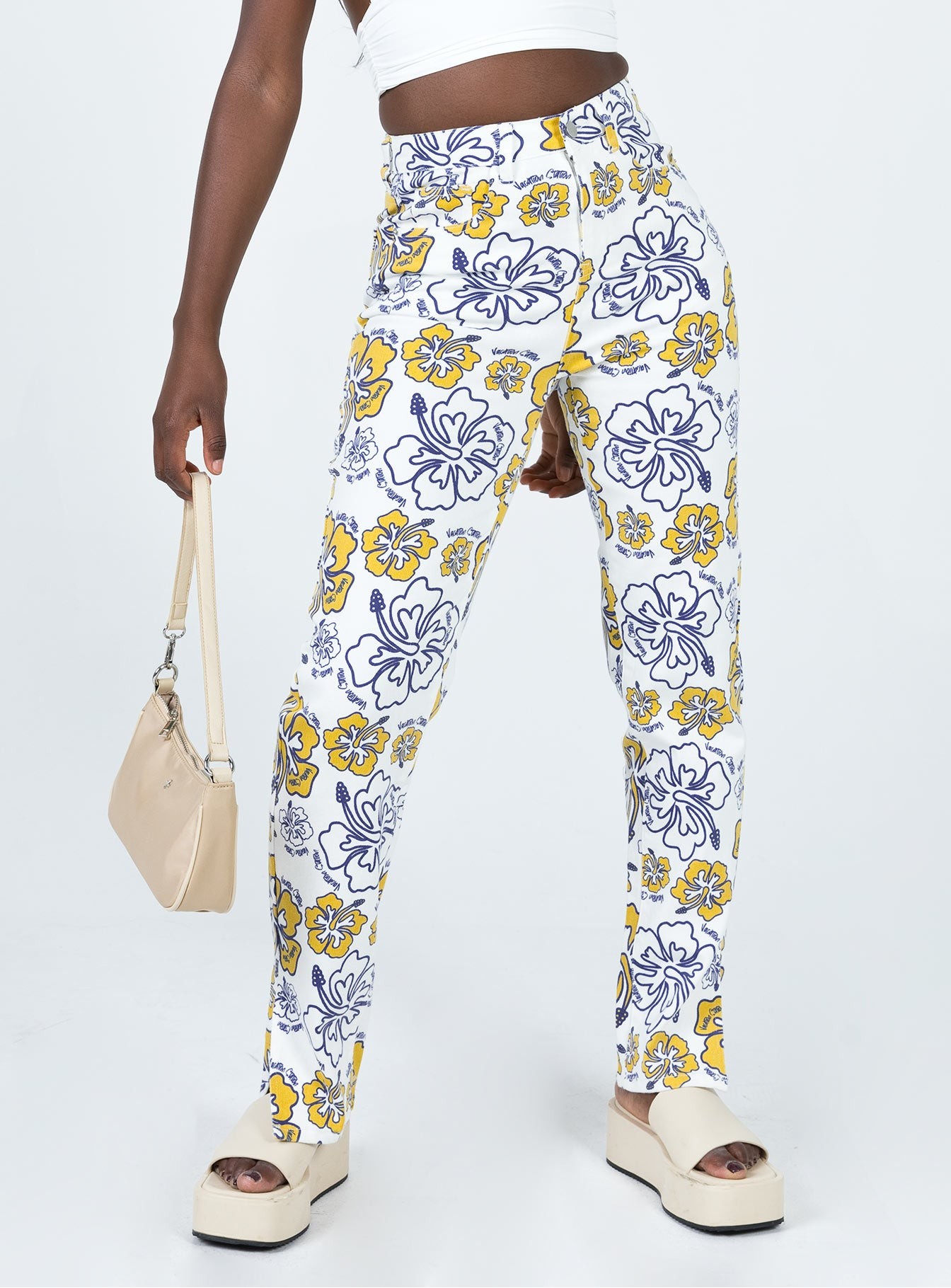 Tropical Dreams Straight Leg Denim Jeans Off White