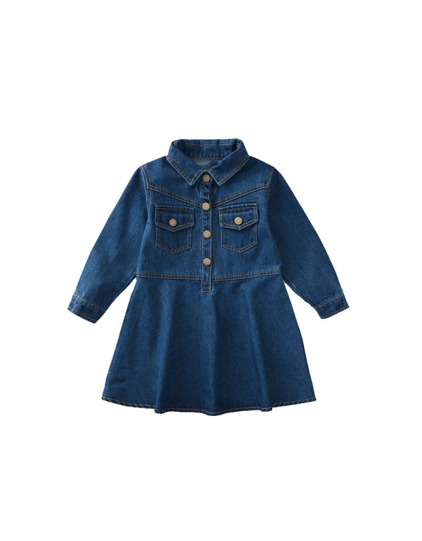 2020 Autumn New Girls' Long Sleeved Dress Fashionable And Simple, Medium To Big Boys' Denim Single Breasted A-Line Dress Trendy T