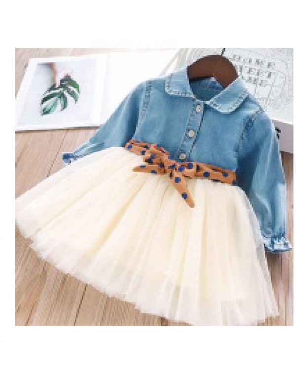 Autumn New Korean Version Girls' Dress In Children's Fashion Long Sleeve Denim Yarn Dress With Dotted Belt Dress 2208