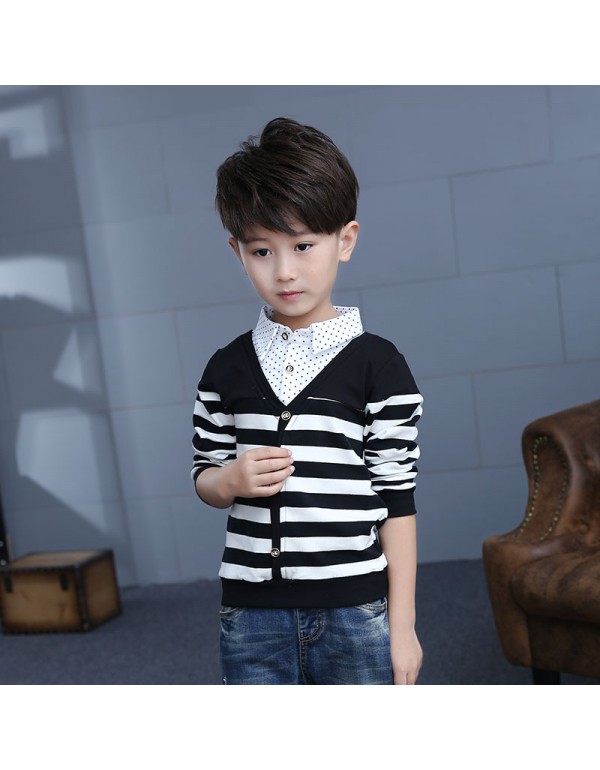  New Boys' Long Sleeved T-Shirt Backing Shirt Korean Version Of Children's Pure Cotton Striped Autumn And Winter Children's Wear One Piece Replacement