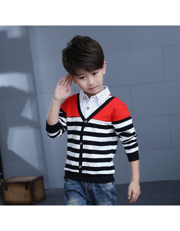  New Boys' Long Sleeved T-Shirt Backing Shirt Korean Version Of Children's Pure Cotton Striped Autumn And Winter Children's Wear One Piece Replacement