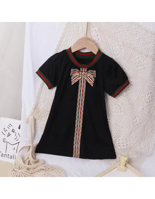 Manufacturer's Girls' Ethnic Style Dress Short Sleeve Bow Multi Color Dress Small And Medium Sized Children's Clothing Summer Wholesale