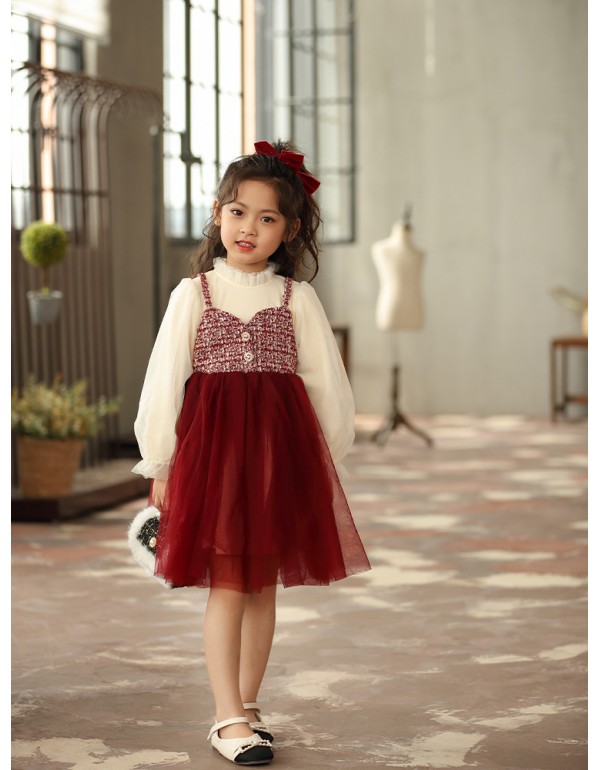 Girls' Fake Two-Piece Gauze Dress Children's Clothing 2022 Autumn And Winter Princess Dress Children's Small Fragrance Patchwork Mesh Plush Dress