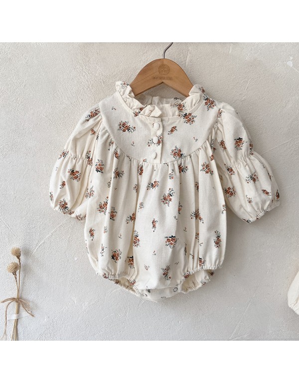 Girls' Autumn Dress Small Fragmented Flower Dress  Korean Children's Wear Girl With Wooden Ear Collar Princess Dress Baby Long Dress Autumn