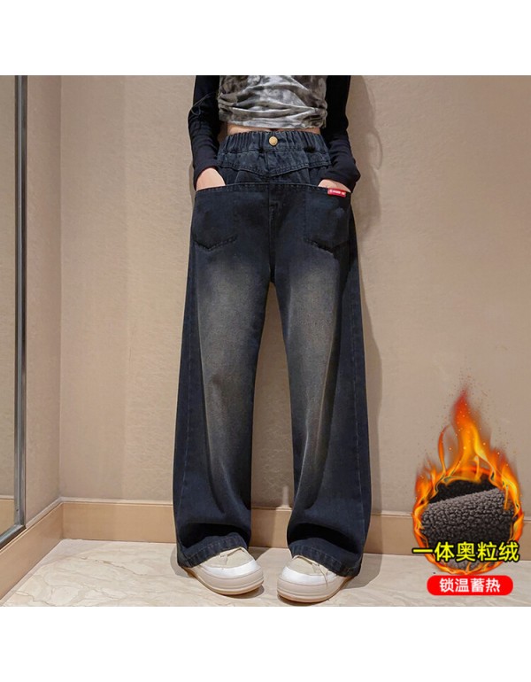 Girls' 2023 New Autumn And Winter Red Label Pocket Sweeping Floor Wide Leg Pants, Big Boy Jeans, Straight Leg Pants Design Sense