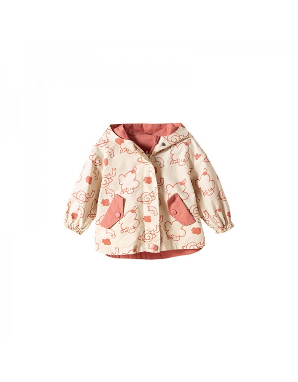 Amira Children's Wear  Autumn New Children's Double Wear Cotton Top Baby Full Print Hooded Windbreaker Coat