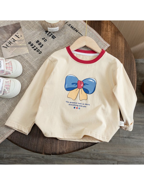 Girls' T-Shirt 2023 Autumn New Children's Fashionable Cartoon Contrast Bottom Shirt Baby Versatile Long Sleeve Top Trend