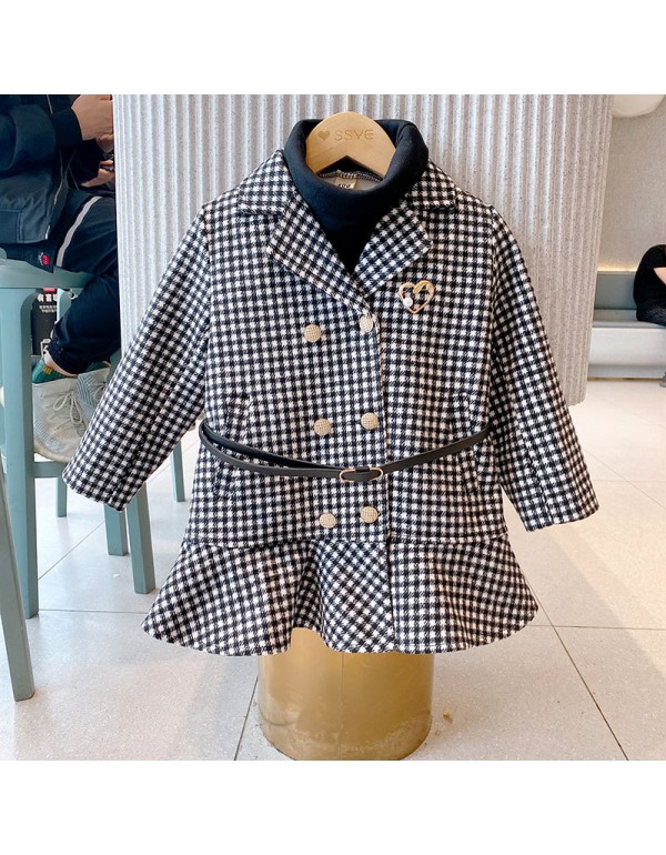 Girls' Thousand Bird Plaid Fashionable Waist Thickened Coat 2022 Autumn/Winter New Cotton Girls' Baby Coat