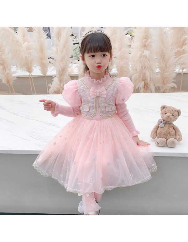 Korean Version Mink Plush Dress Girl's Little Fragrant Wind Princess Dress Autumn And Winter Children's Fake Two-Piece Plush Dress