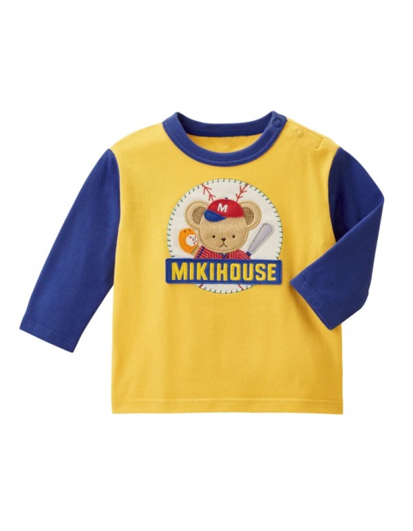 Stock Miki Children's Wear Spring And Autumn New Boys' Cartoon Baseball Bear Embroidery Color Block Long Sleeve T-Shirt Round Neck Top