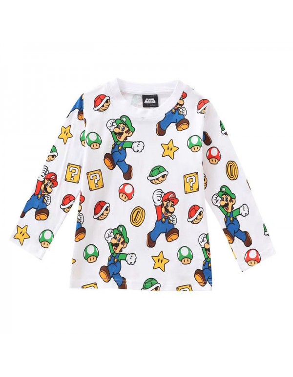 Japanese Spring And Autumn Children's Thin Cotton Long Sleeved T-Shirt Super Mario Children's Wear Watermark Breathable Cartoon Splice Underlay