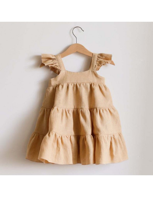 Ins New Solid Cotton Hemp Dress Girls' Bohemian Long Dress Sleeveless Cake Dress Girls' Dress