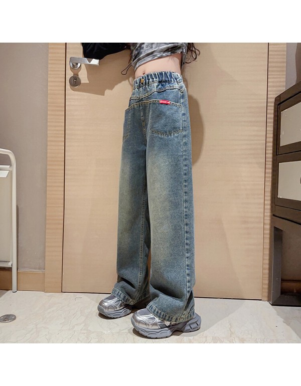 Girls' 2023 New Autumn And Winter Red Label Pocket Sweeping Floor Wide Leg Pants, Big Boy Jeans, Straight Leg Pants Design Sense