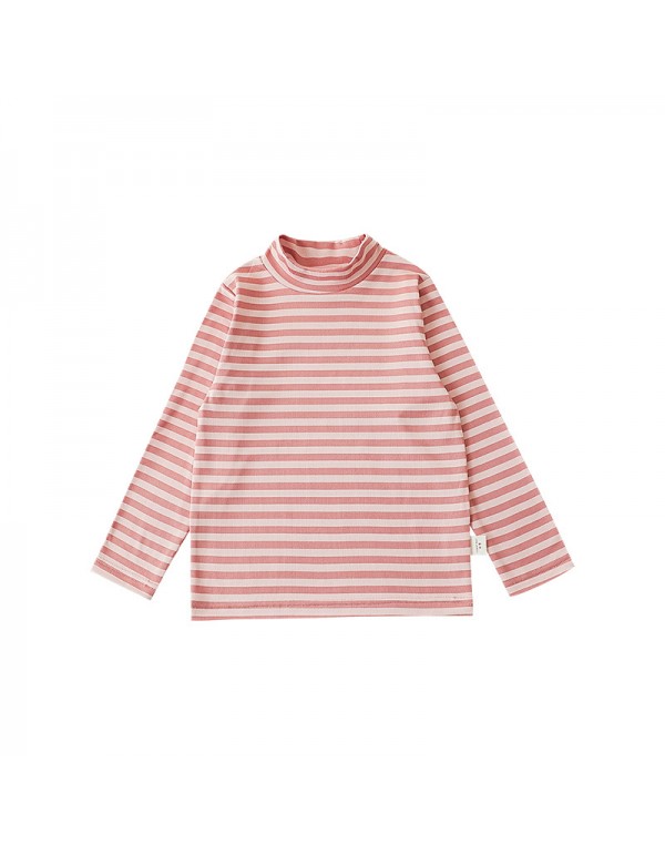 Qiu Duomeng Children's Half High Neck Striped Bottom Shirt 2023 Autumn New Girls' Korean Version T-Shirt Baby Long Sleeve T-Shirt