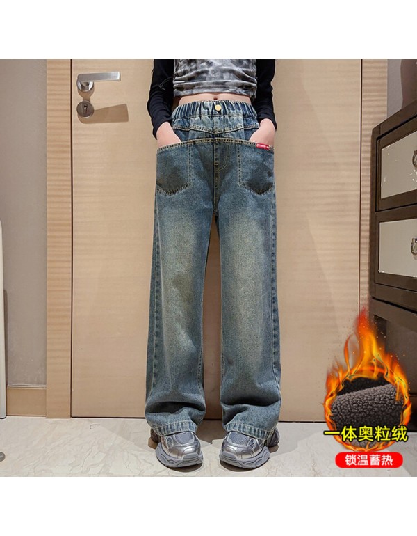 Girls'  New Autumn And Winter Red Label Pocket Sweeping Floor Wide Leg Pants, Big Boy Jeans, Straight Leg Pants Design Sense