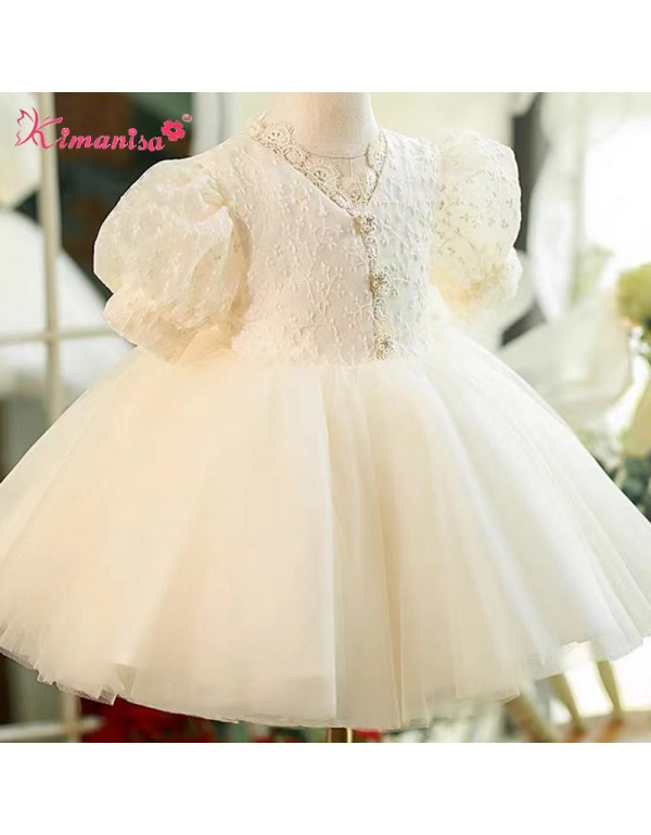 Pure White A-Line Dress, Wedding Fluffy Dress, Freshwater Pearl Lace Princess Dress, Short Sleeved Children's Dress, Wholesale In Stock