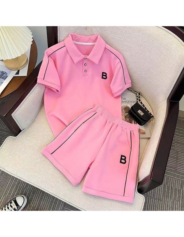 Girls' Sports Set Summer New Middle And Big Children's Fashion Polo Neck Short Sleeve T-Shirt Shorts Casual Two Piece Set Fashion