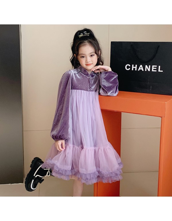 Children's Mesh Princess Dress Autumn And Winter Long Sleeved Ethnic Fluffy Skirt, Medium To Large Girl Cheongsam, Chinese Style Dress, Cross-Border