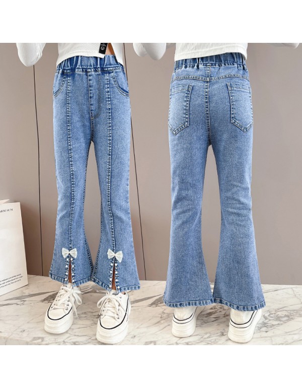 Girls' Autumn And Winter Casual Pants 2023 Girls' Fashionable Feet Bow Tie Beaded Elastic Slim Fit Jeans