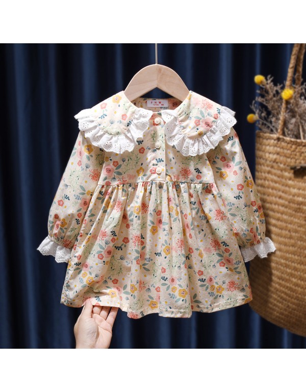 Girls' Dress Autumn  New Children's Princess Dress Fashionable Children's Floral Polo Collar Long Sleeve Baby Trend