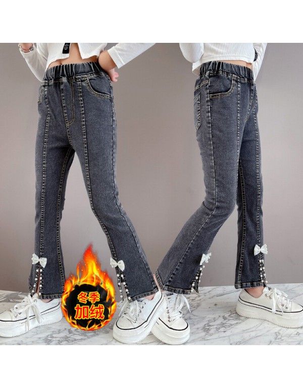Girls' Autumn And Winter Casual Pants 2023 Girls' Fashionable Feet Bow Tie Beaded Elastic Slim Fit Jeans