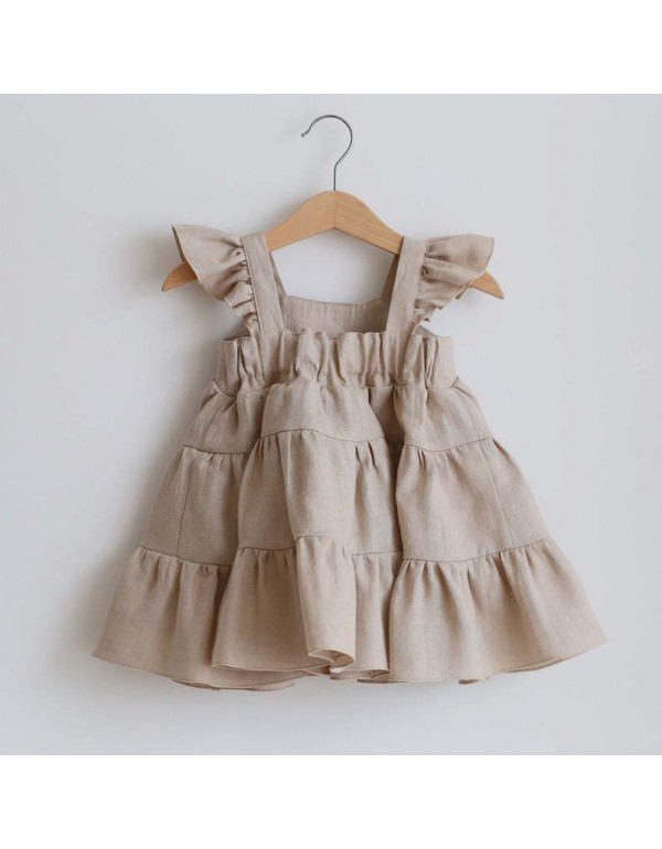 Ins New Solid Cotton Hemp Dress Girls' Bohemian Long Dress Sleeveless Cake Dress Girls' Dress