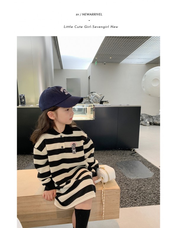 2023 Girls' Korean Loose Polo Neckline Striped T Dress Spring And Autumn New Casual Straight Sweater Dress Tide 33035