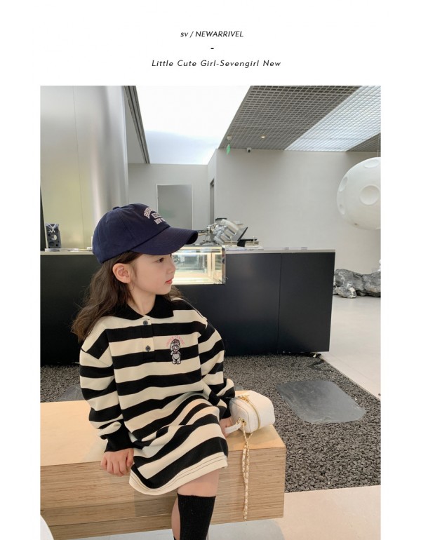 2023 Girls' Korean Loose Polo Neckline Striped T D...