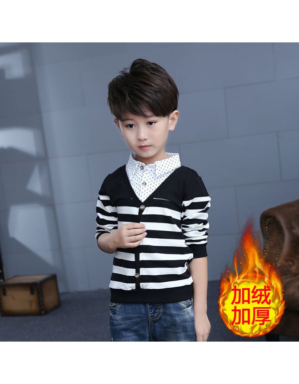  New Boys' Long Sleeved T-Shirt Backing Shirt Korean Version Of Children's Pure Cotton Striped Autumn And Winter Children's Wear One Piece Replacement
