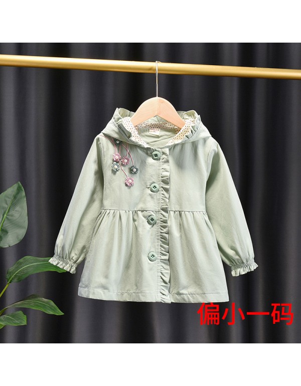Girls' Coat 2021 New Spring And Autumn Korean Edition 3D Flower Decorative Hooded Cardigan Children's Fashionable Long Sleeve Windbreaker