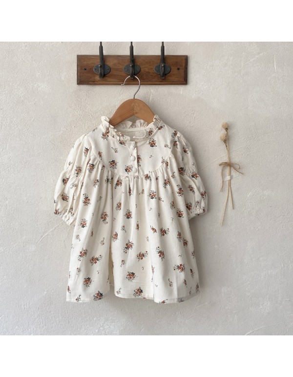 Girls' Autumn Dress Small Fragmented Flower Dress 2023 Korean Children's Wear Girl With Wooden Ear Collar Princess Dress Baby Long Dress Autumn