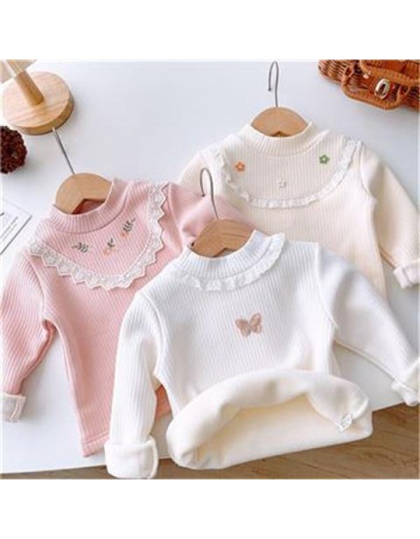 Girls' Autumn And Winter Plush Thickened T-Shirt  New One Piece Plush Bottom Shirt For Kids And Babies Inner Layer Warm Top