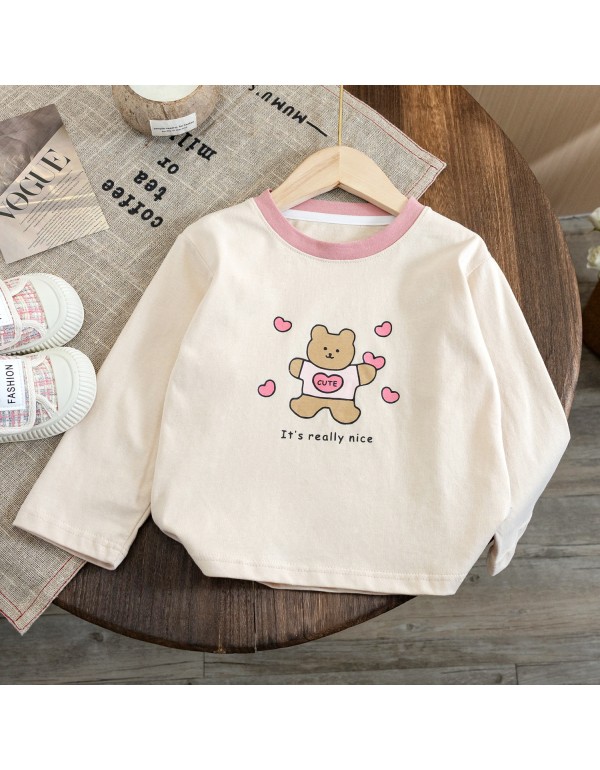 Girls' T-Shirt 2023 Autumn New Children's Fashionable Cartoon Contrast Bottom Shirt Baby Versatile Long Sleeve Top Trend