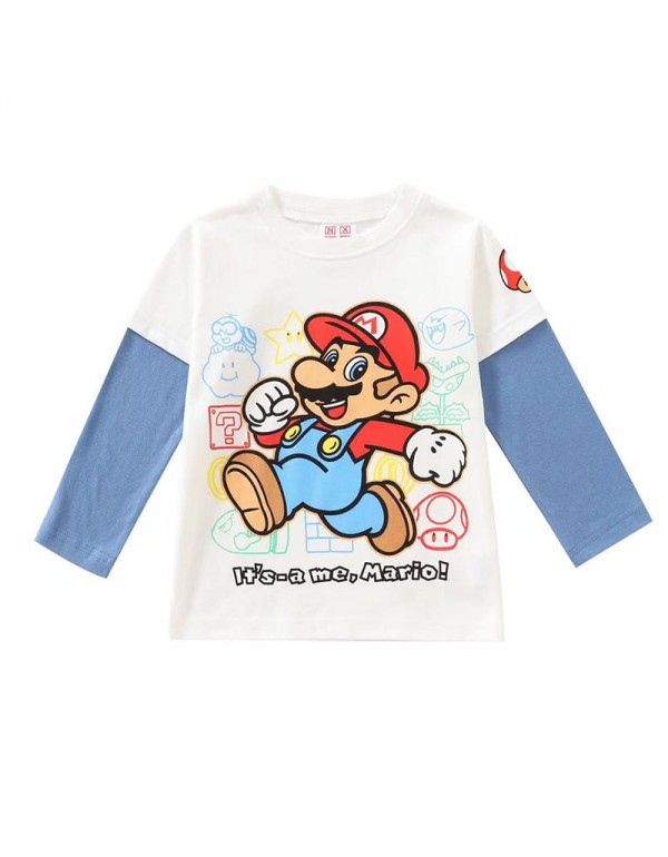 Japanese Spring And Autumn Children's Thin Cotton Long Sleeved T-Shirt Super Mario Children's Wear Watermark Breathable Cartoon Splice Underlay