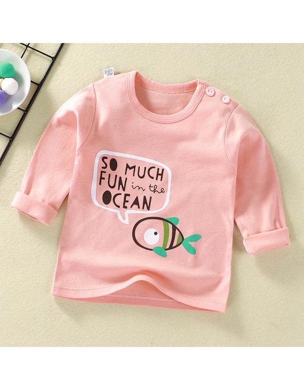 Class A Pure Cotton T-Shirt For Boys And Girls, Long Sleeved Korean Version Children's Top, Spring And Autumn New Round Neck Cartoon Foreign Style Baby's Clothing