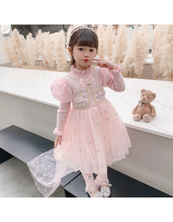 Korean Version Mink Plush Dress Girl's Little Fragrant Wind Princess Dress Autumn And Winter Children's Fake Two-Piece Plush Dress